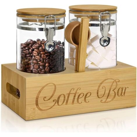 Set di 2 contenitori per chicchi di caffè da 1,4 l con ripiano in bambù e cucchiaio, contenitori in vetro per chicchi di caffè per noci, snack, zucchero, tè, color legno