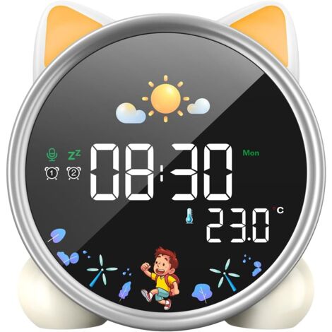 Sveglia educativa giorno/notte per bambini, luce LED a 5 colori, lampada da comodino con musica, doppia sveglia, visualizzazione della temperatura e funzione snooze