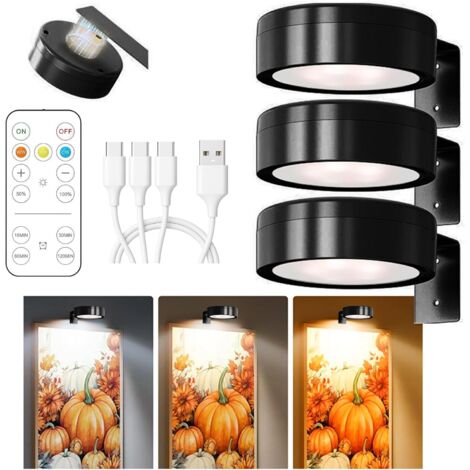 Confezione da 3 luci per quadri senza fili, luci fotografiche senza fili ricaricabili con telecomando, luci fotografiche con 3 colori brillanti, dimmerabili, luci LED magnetiche per dipingere, nere