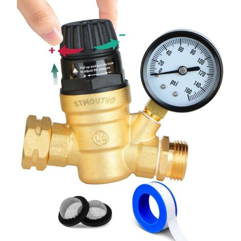 Regolatore di pressione dell'acqua per camper. Regolatore di pressione dell'acqua per camper in ottone senza piombo regolabile con manometro da 0 a 160 PSI, filtro con valvola di riduzione di tipo W.