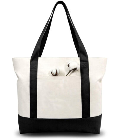 Borsa in tela con tasca esterna, borsa della spesa riutilizzabile, chiusura superiore con cerniera, articoli essenziali per tutti i giorni, nera