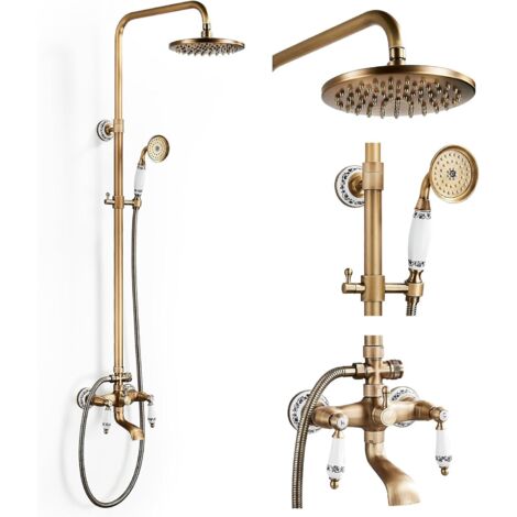 Colonna doccia in ottone retrò con miscelatore, sistema doccia, set doccia, kit doccia a parete con soffione da 20 cm, doccetta, rubinetto per vasca, altezza regolabile 700-1200 mm