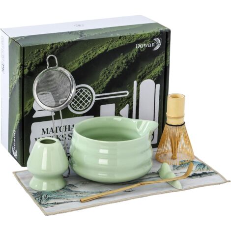 Set Matcha, Set Matcha 7 Pezzi, Accessori Matcha Verdi, Set Frusta Matcha in Ceramica, Ciotola Matcha con Beccuccio, Kit Matcha con Frusta di Bambù, Confezione Regalo Matcha, Verde