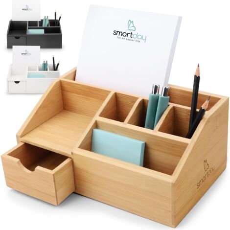 Organizer da scrivania in bambù e legno - Portapenne e portaoggetti per ufficio - Portapenne - Contenitore per articoli da ufficio - Colore legno naturale