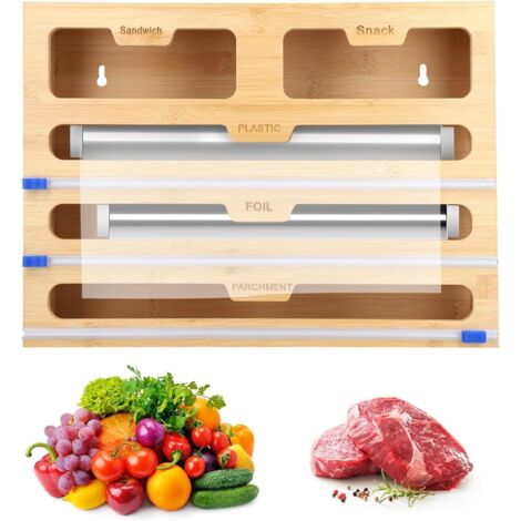 Portarotolo e taglierina per pellicola da cucina in bambù da 40 cm - Dispenser e taglierina 5 in 1 per cassetto della cucina (1/5)