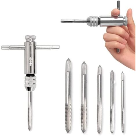Chiave a cricchetto con impugnatura a T, regolabile, con una sola mano, set di utensili per filettatura con viti per macchine M3-M8 da 3 mm, 4 mm, 5 mm, 6 mm e 8 mm. (1/5)