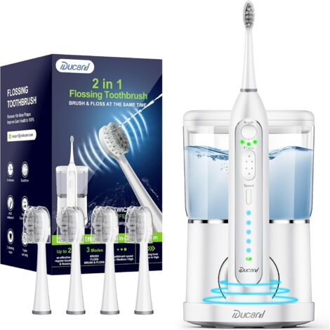 Spazzolino elettrico con idropulsore, spazzolino professionale con 4 testine di ricambio, 3 modalità di spazzolamento e 5 velocità del cavo, bianco