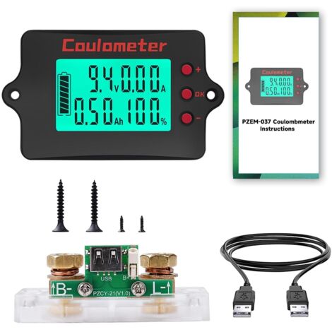 Regolatore di batteria 100A 12V 24V 36V 48V Monitor di batteria 8-120V Amperometro universale per batteria al litio Tensione e corrente Rame puro + cavo USB da 2 m (display monocromatico)
