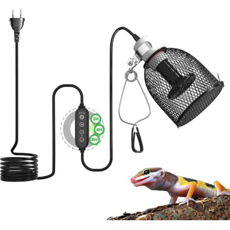 Lampada riscaldante per terrario con timer, per tartarughe, paralume E27 per rettili con 1 lampada riscaldante in ceramica da 75 W per rettili, tartarughe, camaleonti