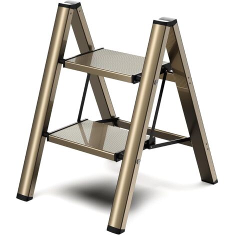 Scala a 2 gradini, sgabello pieghevole con ampio poggiapiedi antiscivolo, materiale in alluminio leggero ma robusto, capacità di carico di 150 kg, oro champagne