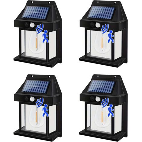 Paquete de 4 luces solares de pared para jardín exterior, faroles solares vintage con sensor de movimiento, IP65, luces de seguridad exteriores con sensor PIR para porche, balcón, patio, garaje