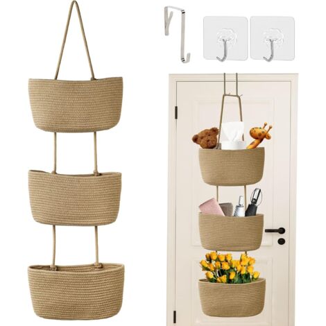 Organizador de almacenamiento de 3 niveles para colgar sobre la puerta, con cuerda tejida, para colgar en la pared, para tela de algodón, para detrás de la puerta