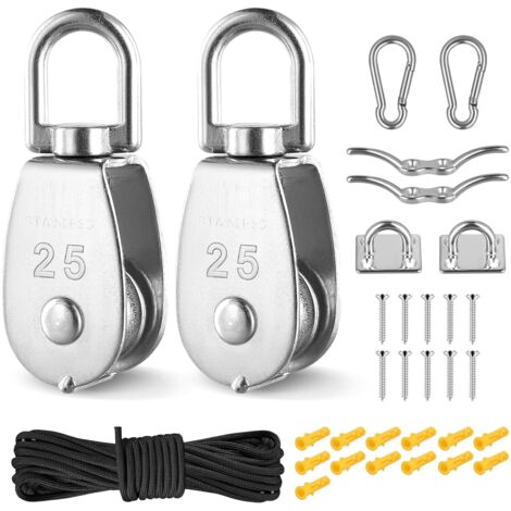 Conjunto de polea de grúa M25, sistema de polea de rueda única con polea giratoria de acero inoxidable 304 y cuerda de nailon de 20 m/4 mm, capacidad de carga de 150 kg/330 lb