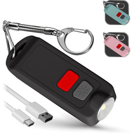 Alarma personal - Sirena de seguridad recargable por USB, resistente al agua, llavero de 130 dB, silbato de pánico con luz LED, notificación de batería baja, alerta sonora de autodefensa, color negro
