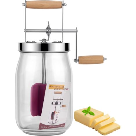 Mantequera manual vintage de 1,5 l con mango de madera, con sistema de engranajes de acero inoxidable, con manivela y tarro de cristal para cocinar