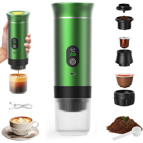 Cafetera portátil 3 en 1, recargable, de viaje, de 12 V, para cápsulas y café molido, ideal para camping, viajes, oficina, coche y hogar, Verde