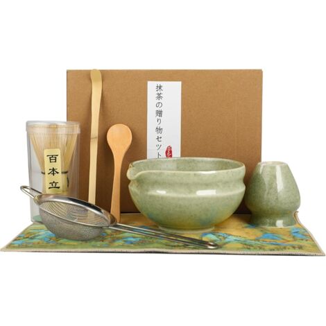 Kit de Matcha de 7 piezas: incluye un batidor de bambú, una cuchara, un colador, un tazón de matcha de 500 ml y un soporte para batidor, juego de té Matcha de cerámica, kit para ceremonia de Matcha