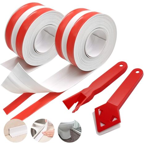Tira de sellado para baño de 2 rollos, tira de sellado adhesiva acrílica con 2 tiras, tira de sellado impermeable con herramientas de sellado de 2 piezas