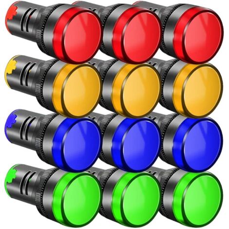 12 indicadores LED CA 220 V-380 V de 22 mm, luz indicadora, lámpara de señal, panel piloto (rojo, amarillo, azul y verde, 3 unidades cada uno)