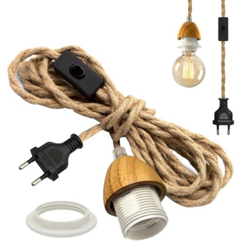 Lámpara colgante vintage, kit de luz colgante industrial de 4,5 m con interruptor, portalámparas de madera E27 con cable, pantalla de lámpara montable, lámpara de cuerda de cáñamo