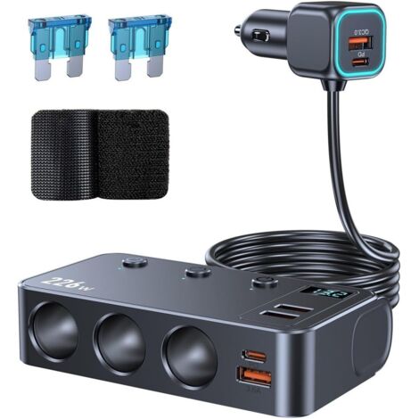 Cargador USB 9 en 1 para encendedor de cigarrillos, adaptador divisor de cargador de coche de 226 W con 3 salidas y 6 puertos USB, carga rápida para dispositivos y teléfonos de coche de 12 V/24 V (1/5)