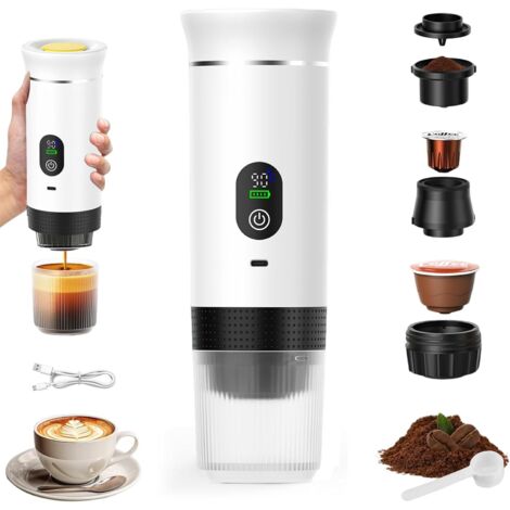 Cafetera portátil 3 en 1, recargable, de viaje, de 12 V, para cápsulas y café molido, ideal para camping, viajes, oficina, coche y hogar, Color blanco