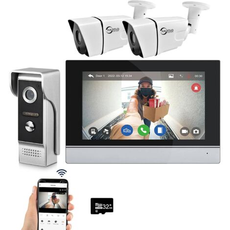 Sistema de videoportero con cable y wifi Tuya,7pulgadas, cámara 1080P, timbre y kit de intercomunicación inteligente con app Tuya y detección de movimiento, 1 timbre, 1 monitor y 2 cámaras