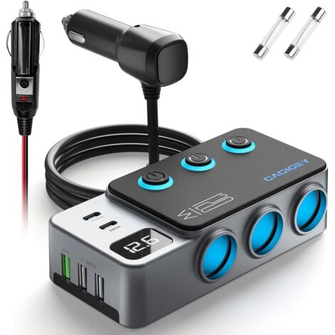 Cargador de coche 9 en 1 con 3 puertos, divisor de potencia de 120 W y pantalla digital, adaptador de corriente rápido de 12 V a 24 V con puertos tipo C y USB-A para acceso electrónico