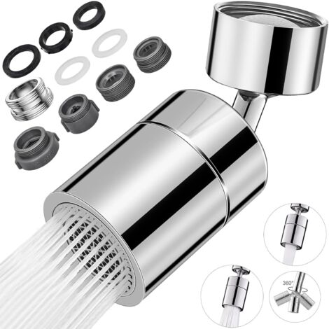 Aireador de grifo giratorio de 360° para cocina, ahorrador de agua, con 2 modos de pulverización y adaptadores hembra/macho de 20 mm, 22 mm y 24 mm