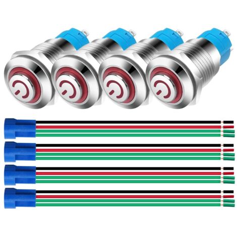 4 pulsadores de bloqueo automático de acero inoxidable SPST de 12 mm, 3 V, 5 V, 6 V, 7,5 V, 9 V, 12/3 A, LED, NO, interruptor de palanca impermeable con enchufe de cable (rojo) (1/5)