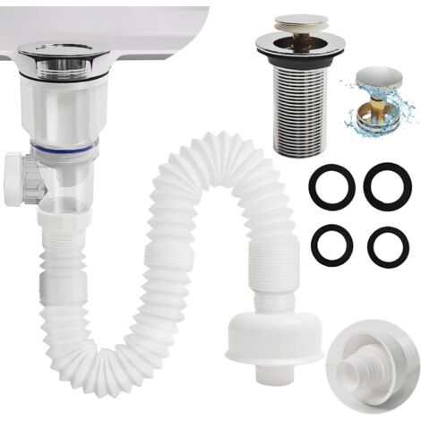 Kit de tubería de drenaje para lavabo de baño, tapón de tubería de drenaje emergente, tubería de drenaje de fregadero con sifón P flexible, adecuado para desagües que incluyen 1-1/4" y 1-1/2", blanco