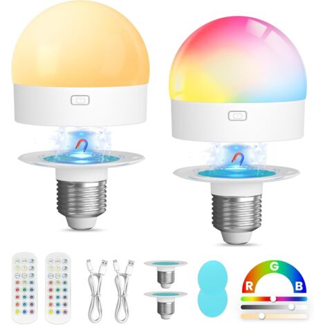 Bombillas recargables para lámparas,Bombilla de batería E26de3000mAh con control remoto y temporizador,3configuraciones de temperatura de color+12luces de disco regulables magnéticas RGB para apliques (1/5)