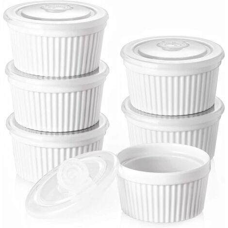 Juego de 6 ramequines, moldes de porcelana para hornear, ramequines para crème brûlée, muffins y pasteles, moldes para soufflés y budines, mini cuencos para helados, salsas, frutas y snacks, 235 ml