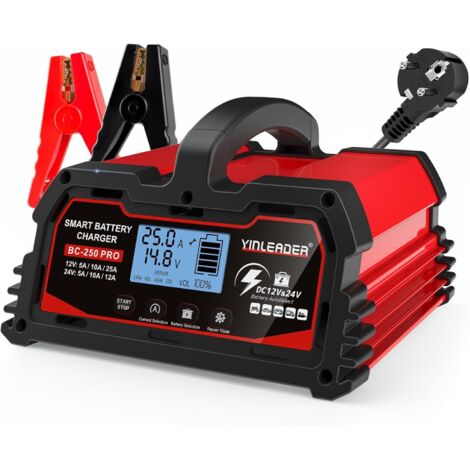 Cargador de batería inteligente para coche de 25 A, 12 V/24 V, 12 A, con pantalla LCD, mantenedor de batería para AGM, motocicletas y cortacéspedes (1/5)