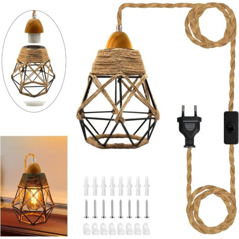 Lámpara colgante vintage, kit de luz colgante industrial de 4,5 m con interruptor, portalámparas de madera E27 con cable, pantalla de lámpara montable, luces de cuerda y pantalla B
