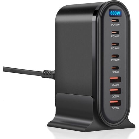 Cargador USB-C multipuerto de 600 W, cargador rápido GaN de 8 puertos, cargador rápido multipuerto QC+PD, estación de carga compatible con portátiles y teléfonos (1/5)
