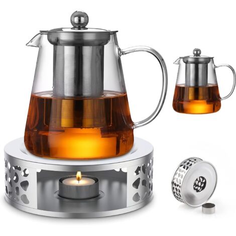 Tetera de vidrio de 1300 ml con calentador, tetera de vidrio con infusor, calentador de tetera, tetera y calentador de vidrio de borosilicato, resistente al calor, para preparar té de hojas sueltas