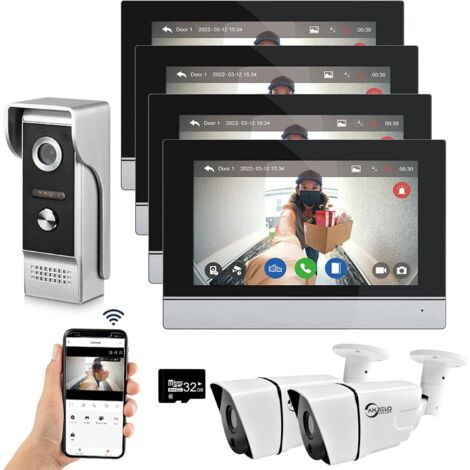 Sistema de videoportero con cable y wifi Tuya,7pulgadas, cámara 1080P, timbre y kit de intercomunicación inteligente con app Tuya y detección de movimiento, 1 timbre, 4 monitores y 2 cámaras