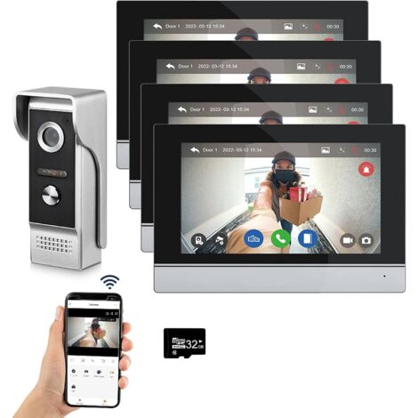 Sistema de videoportero con cable y wifi Tuya, pantalla táctil de 7 pulgadas, cámara 1080P, timbre y kit de intercomunicación inteligente con app Tuya y detección de movimiento, 1 timbre y 3 monitores