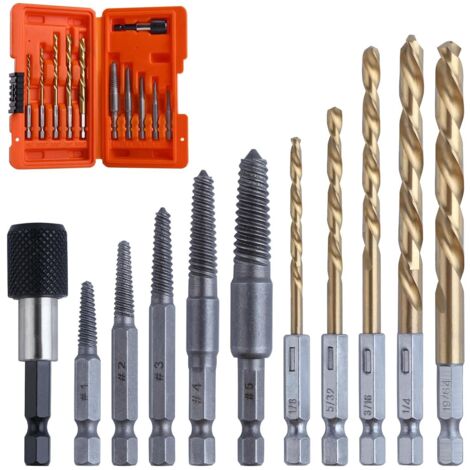 Juego de 11 extractores de tornillos fáciles de extraer, con revestimiento de titanio, broca izquierda y extractor de pernos con adaptador de 1/4", juego de extractores de brocas inversas