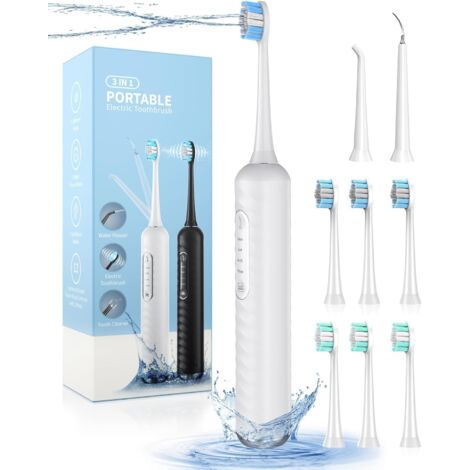 Cepillo de dientes eléctrico con chorro de agua, kit de limpieza dental 3 en 1 con 7 modos, combo de cepillo de dientes eléctrico y chorro de agua para adultos, color blanco