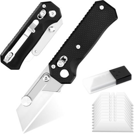Navaja multiusos plegable con 10 hojas, cutter EDC de cambio rápido con bloqueo de riel con clip, navaja de afeitar negra para hombre, para trabajo de oficina/fábrica