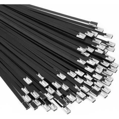 Bridas metálicas negras de 100 unidades, 11,8 pulgadas, de acero inoxidable 304, con revestimiento de epoxi, multiusos, autoblocantes