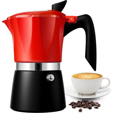 Cafetera italiana Moka Pot con tapa transparente, 6 tazas de 300 ml, cafetera clásica de aluminio, color rojo