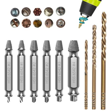 Kit de extractores de tornillos dañados de 9 piezas, kit de extractores de tornillos HSS 6542 de 6 piezas, kit de brocas helicoidales de 3 piezas, kit de extractores de pernos