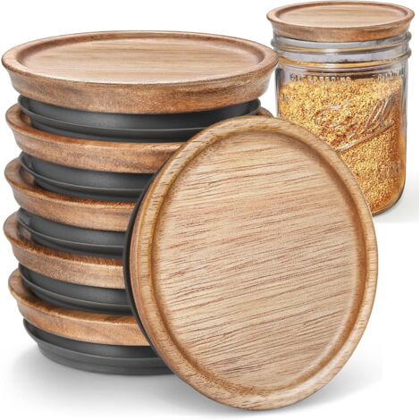 Paquete de 6 tapas de madera de boca ancha para tarros de cristal, reutilizables, de acacia, con sello de silicona, ideales para almacenar alimentos secos