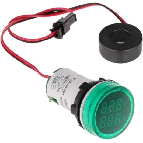 Comprobador de voltaje y corriente CA de 22 mm con pantalla LED de 2 dígitos, voltímetro multifunción, amperímetro, medidor de panel, CA 50-500 V, 0-100 A (verde, redondo)