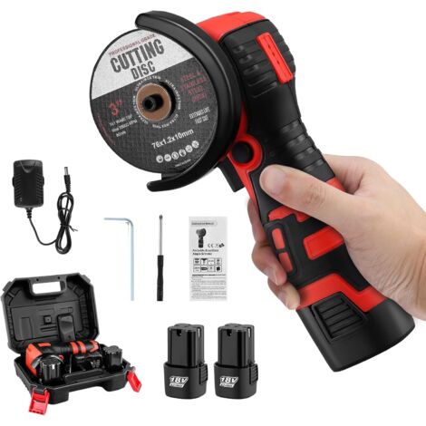 Amoladora angular inalámbrica con 2 discos de corte, Mini amoladora a batería 28500RPM con 2 baterías de 2000mAh, Herramienta angular pequeña de 76mm para cortar, pulir y esmerilar, color rojo