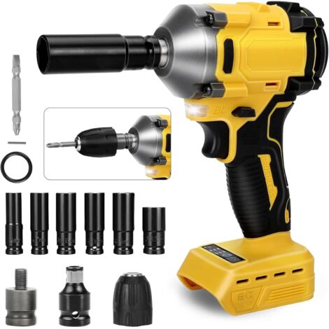 Llave de impacto inalámbrica, pistola de impacto sin escobillas de 1000Nm de 1/2pulgada compatible con Dewalt 18V 21V,atornillador de impacto eléctrico con 3velocidades y 12accesorios (sin batería)