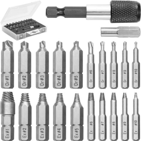 Kit extractor de tornillos para tornillos pelados, rotos o dañados - 22 piezas, plateado - Kit extractor con pasadores, extractores, extensión de pasador y adaptador de vaso (1/5)